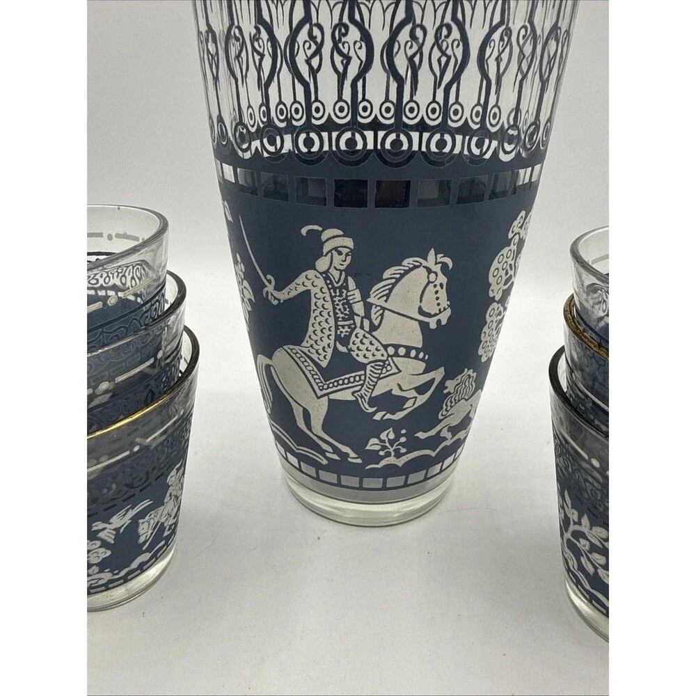 Vintage Hazel Atlas Arabian Knights Cocktail Shaker & 6 Glasses Blue Barware